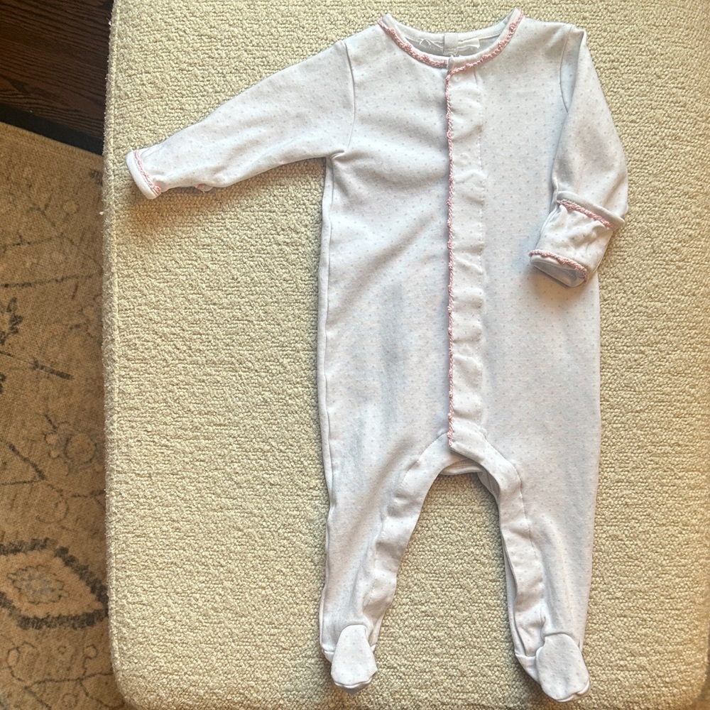 Magnolia Baby Footie with Mini Pink Dots and Pink Trim